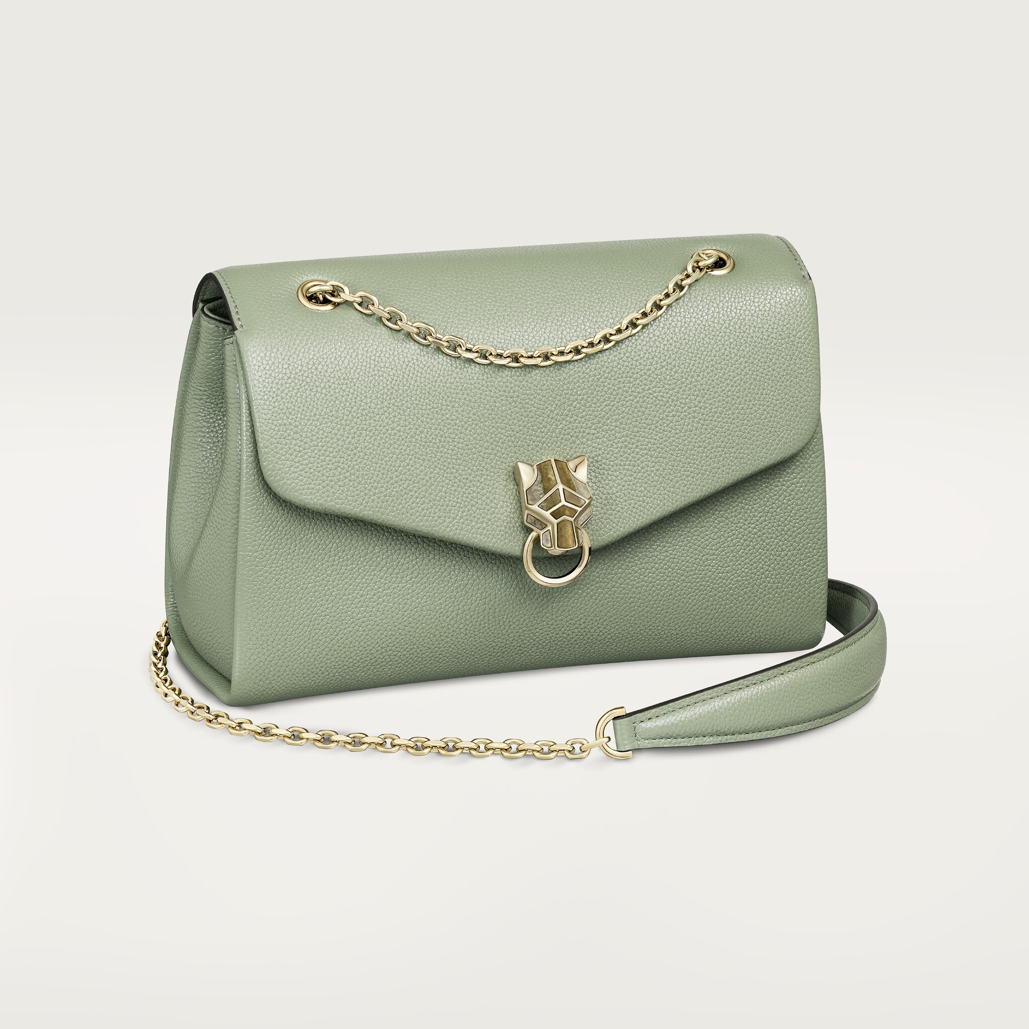 Small model chain bag, Panthère Graphique de CartierSage green grained calfskin, golden finish