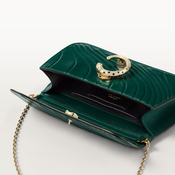 Chain bag mini model, Panthère de Cartier Emerald green calfskin with embossed Cartier signature motif, golden finish
