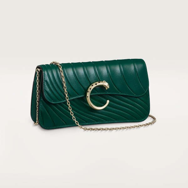 Chain bag mini model, Panthère de Cartier Emerald green calfskin with embossed Cartier signature motif, golden finish