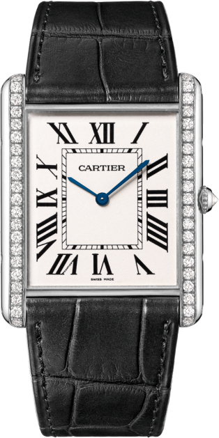 Tank Louis Cartier watch Extra-large model, hand-wound mechanical movement, white gold, diamonds, leather