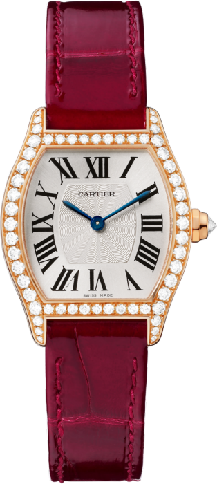 Tortue watch Small model, hand-wound mechanical movement, rose gold, diamonds, leather