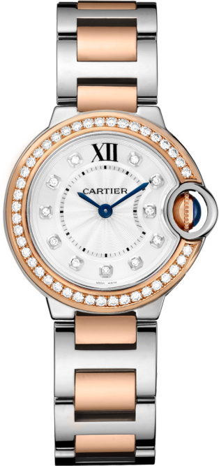 Ballon Bleu de Cartier watch 28mm, quartz movement, rose gold, steel, diamonds