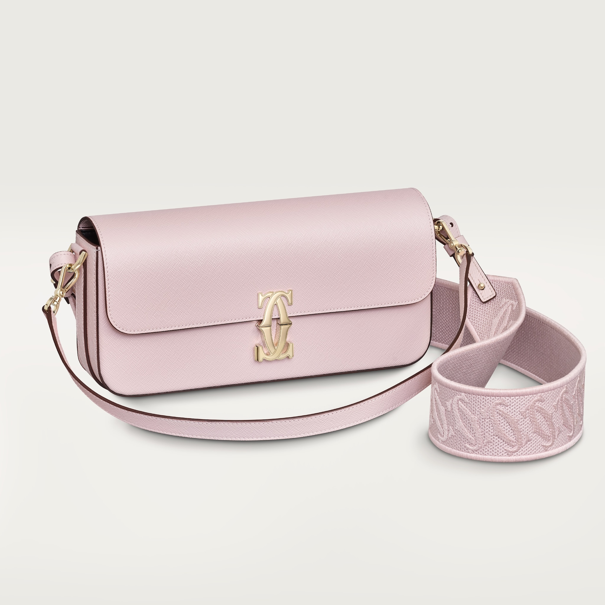 East-west bag, C de CartierPetal pink textured calfskin, embroidery, golden finish