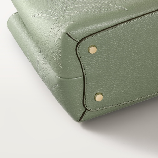 Small model handle bag, Panthère de Cartier Sage green calfskin and jungle embroidery, golden finish