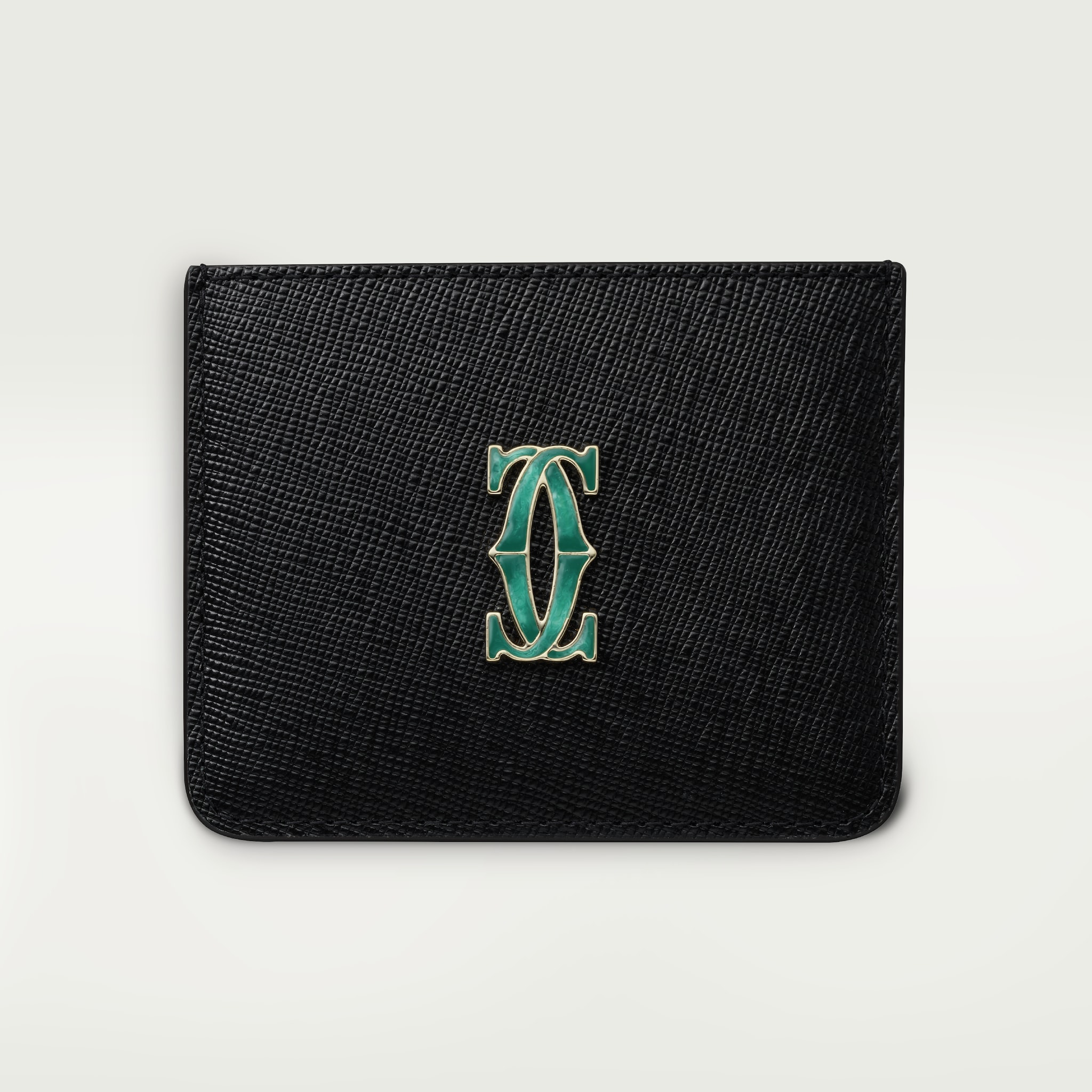 Simple card holder, C de CartierBlack textured calfskin, golden finish and graduated green enamel