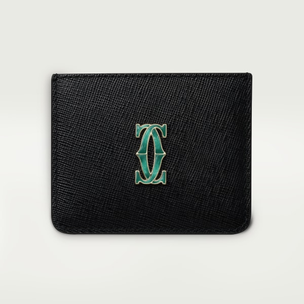 Simple card holder, C de Cartier Black textured calfskin, golden finish and graduated green enamel