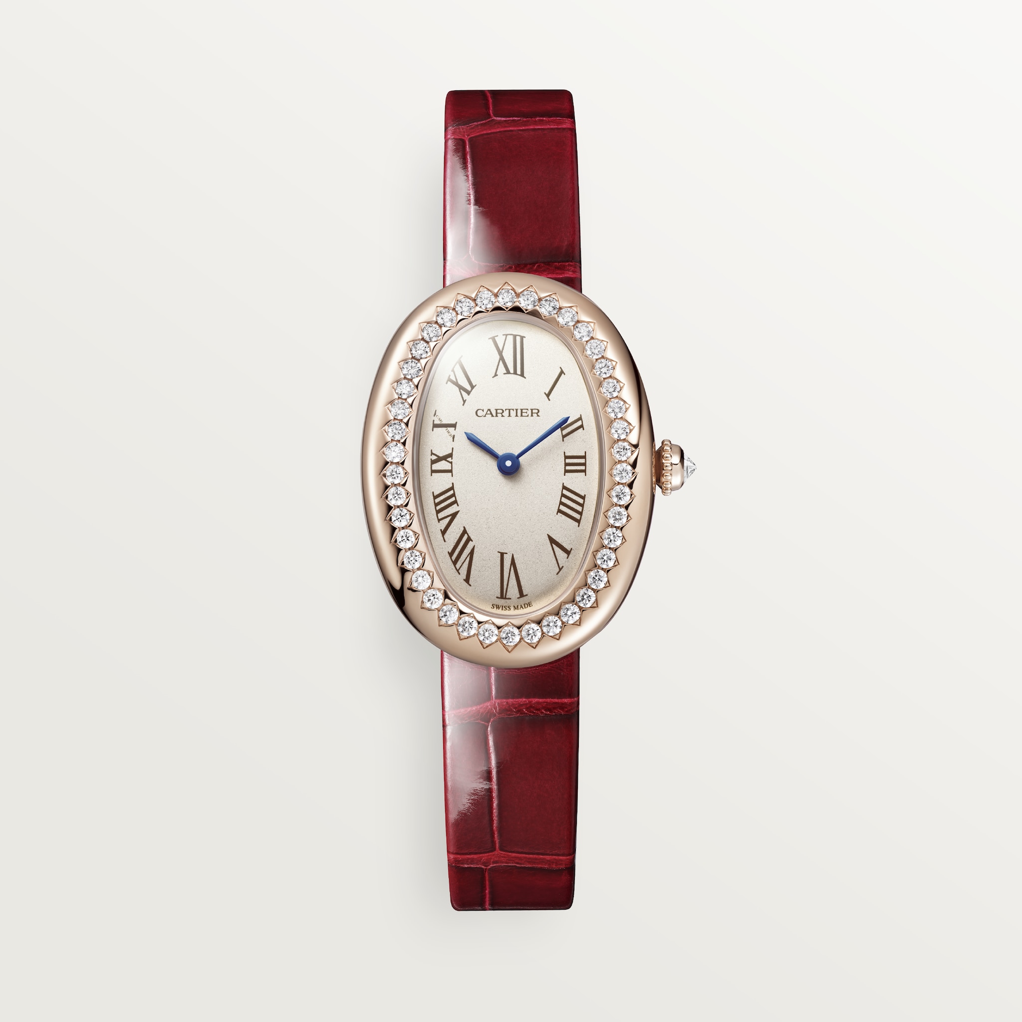 Baignoire watchSmall model, quartz movement, rose gold, diamonds, leather