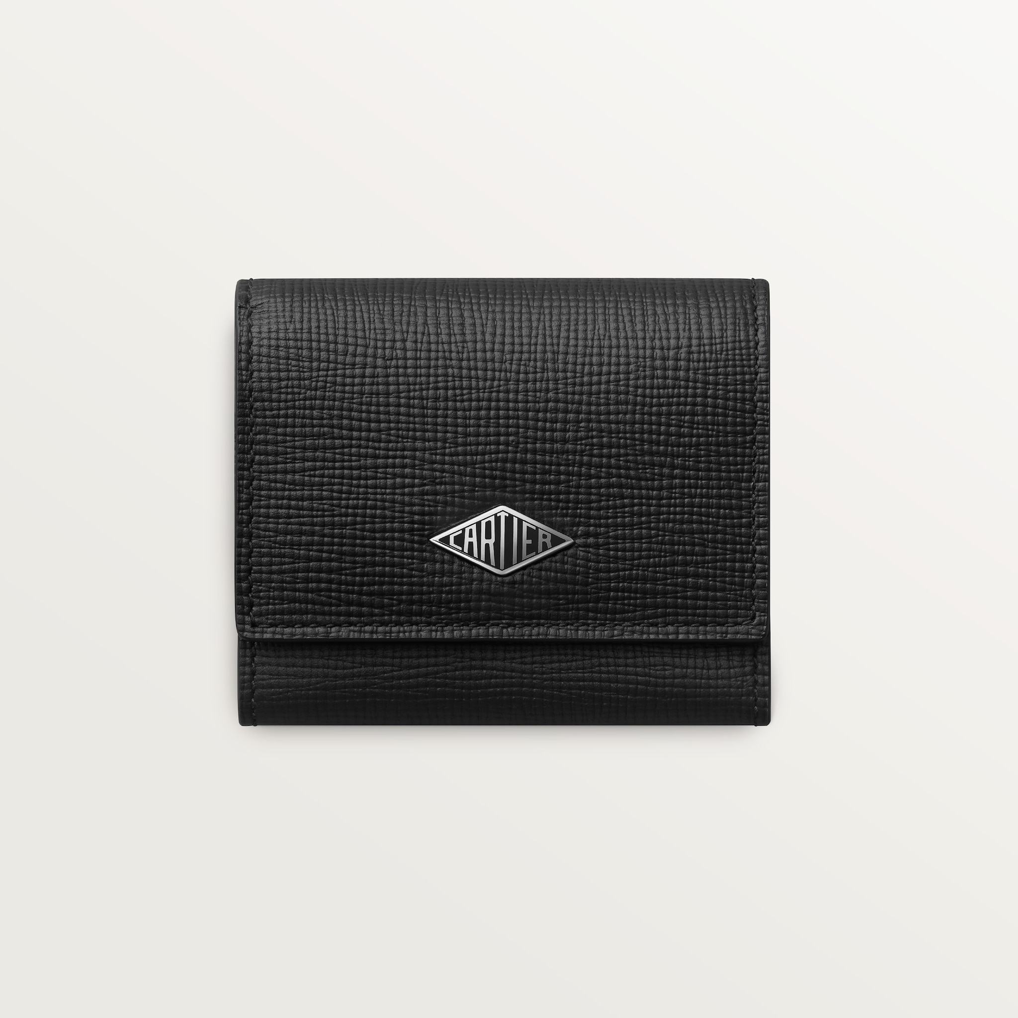 Square coin purse, Cartier LosangeGrained black calfskin, palladium finish