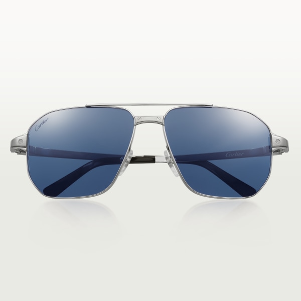 Santos de Cartier Sunglasses Smooth platinum-finish metal, blue lenses