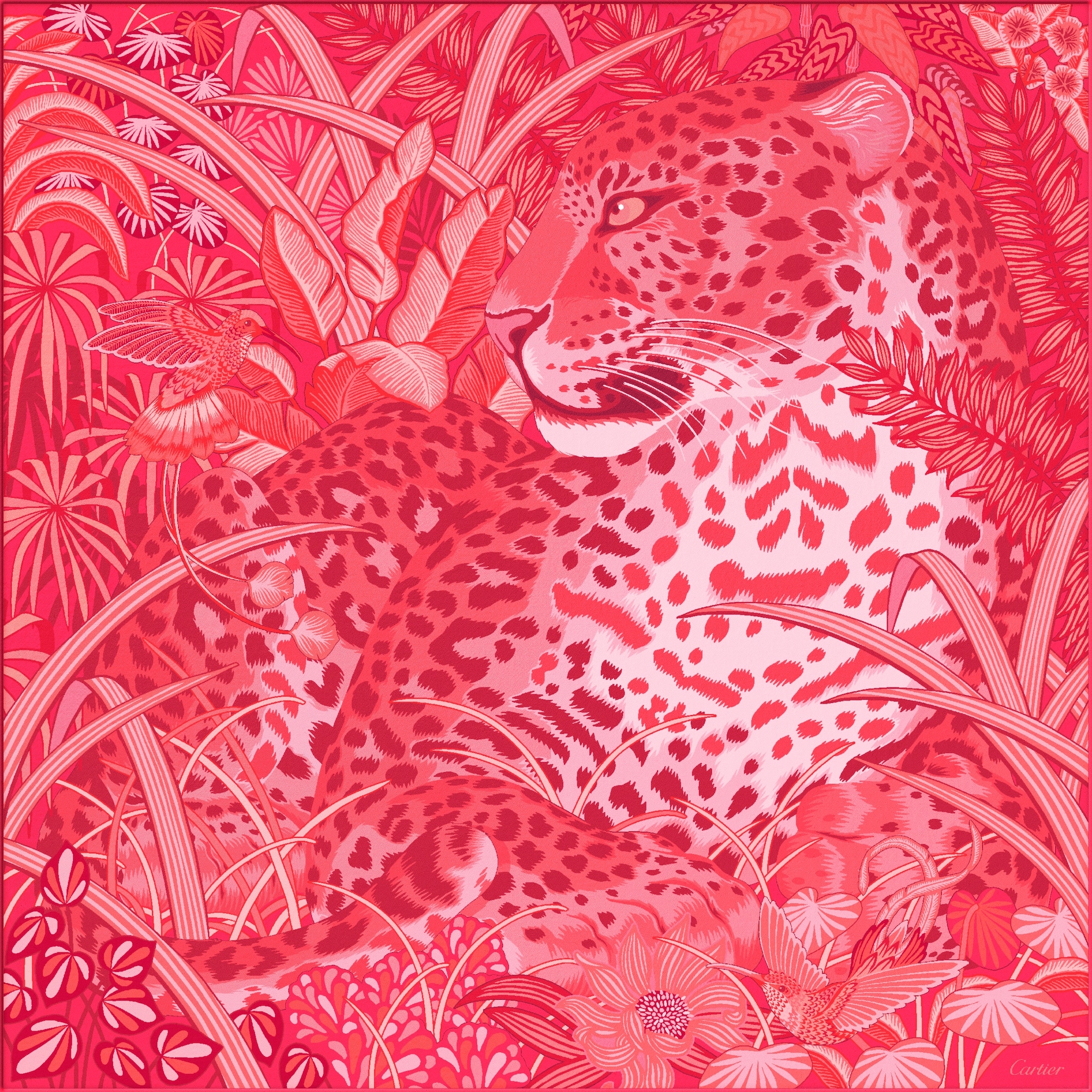 Panther in the Jungle 90 scarfRed and coral silk twill