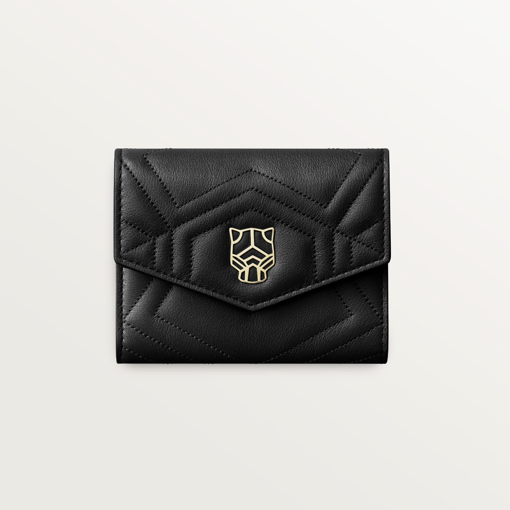 Mini wallet, Panthère de CartierBlack quilted calfskin, golden finish