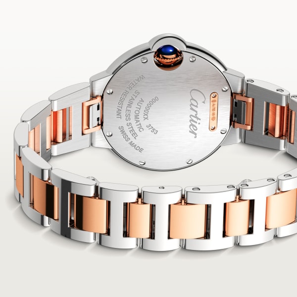 Ballon Bleu de Cartier watch 33 mm, mechanical movement with automatic winding, rose gold, steel, diamonds