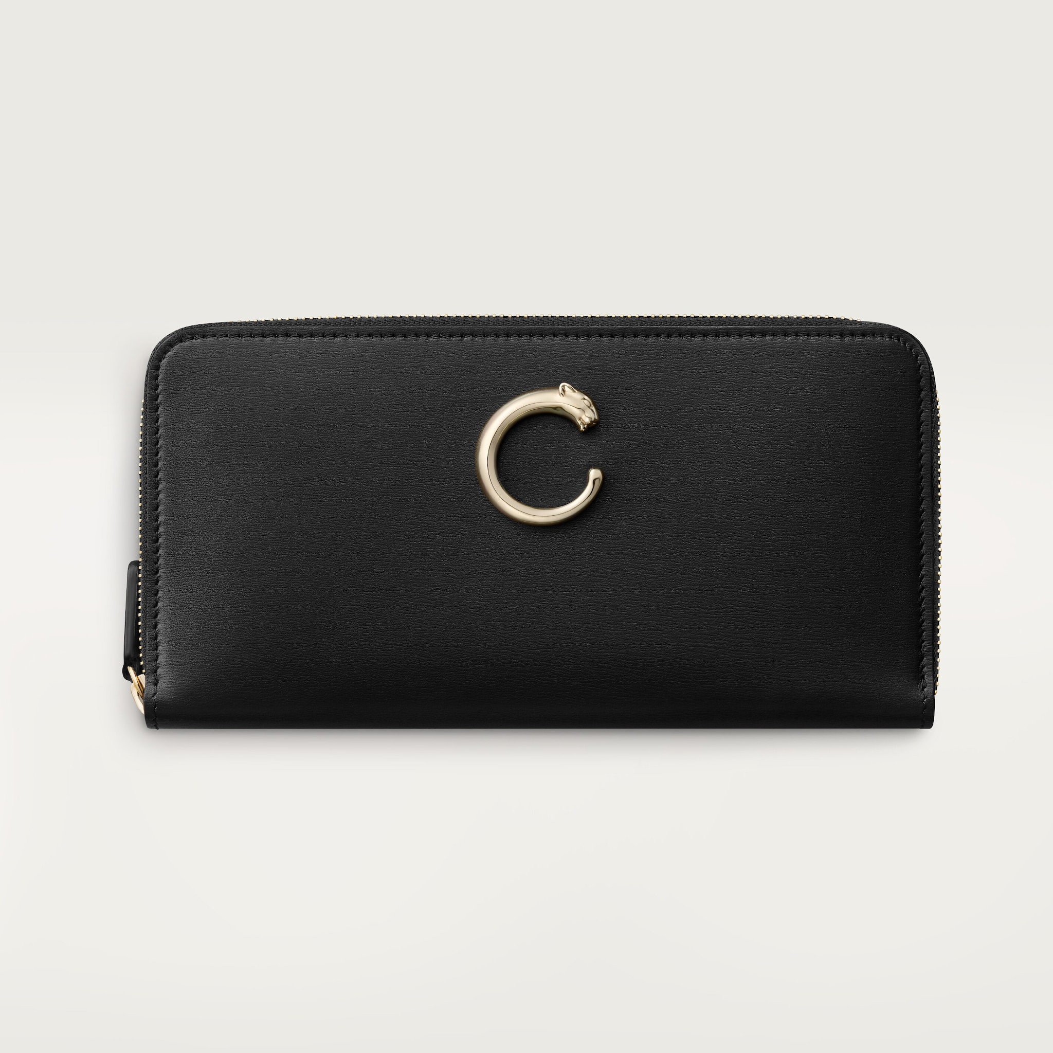 Zipped international wallet, Panthère de CartierBlack calfskin, golden finish