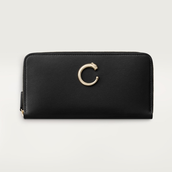 Zipped international wallet, Panthère de Cartier Black calfskin, golden finish