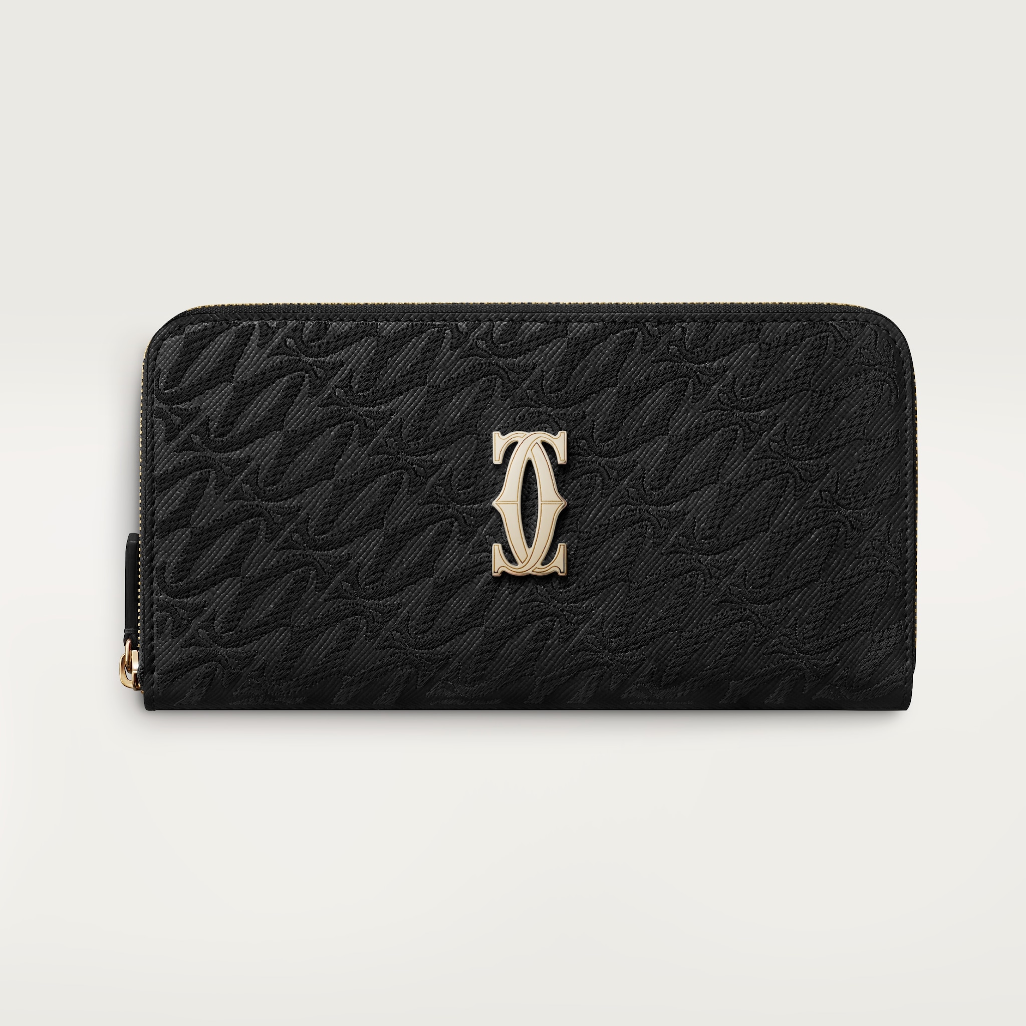 International zipped wallet, C de CartierBlack textured calfskin, embroidery, golden finish