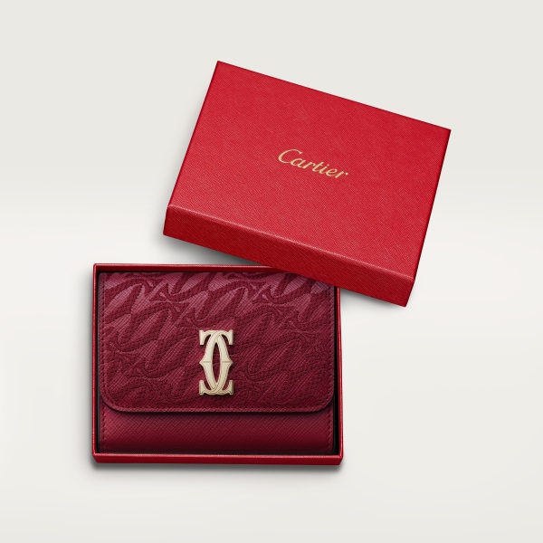 Mini wallet, C de Cartier Cherry red textured calfskin, embroidery, golden finish