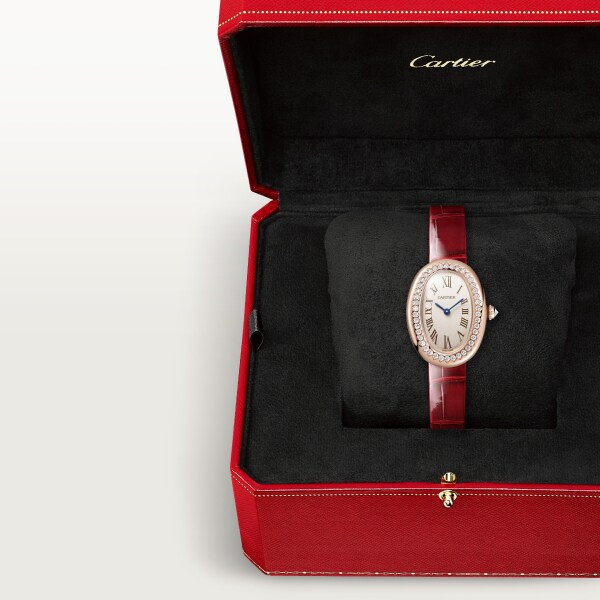 Baignoire watch Small model, quartz movement, rose gold, diamonds, leather