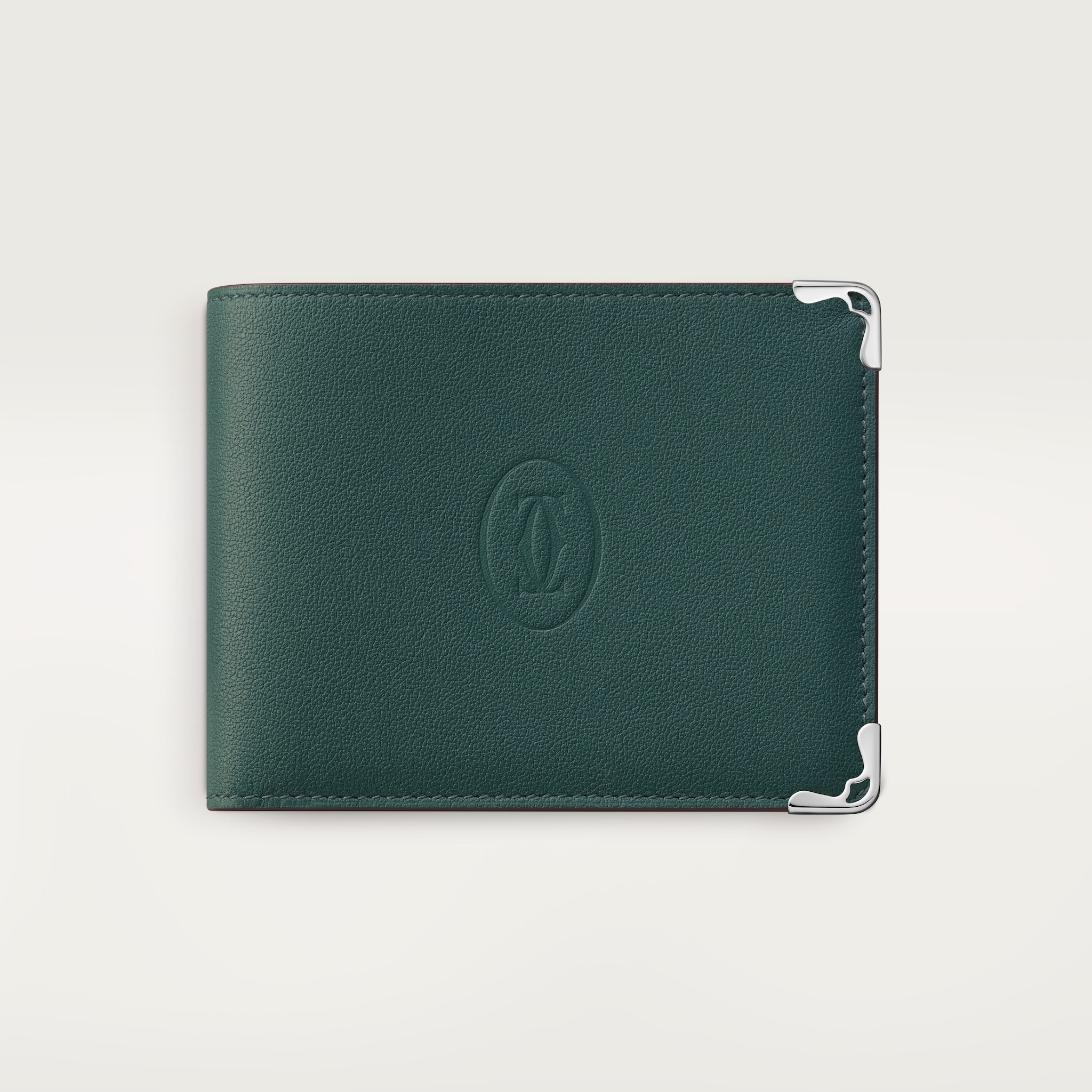 6 credit card compact wallet, Must de CartierPine green calfskin, palladium finish