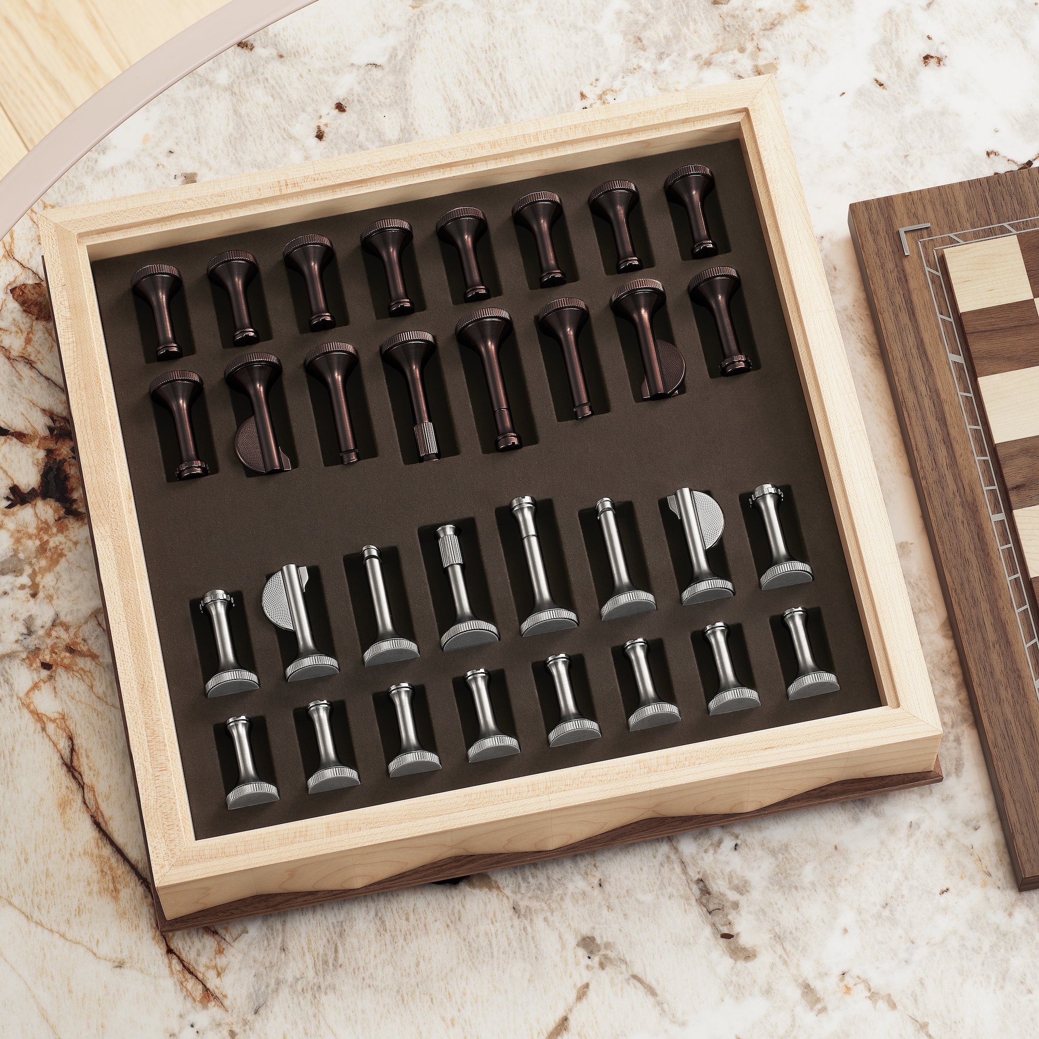 Santos de Cartier chess setSycamore and walnut wood, palladium finish, brown PVD