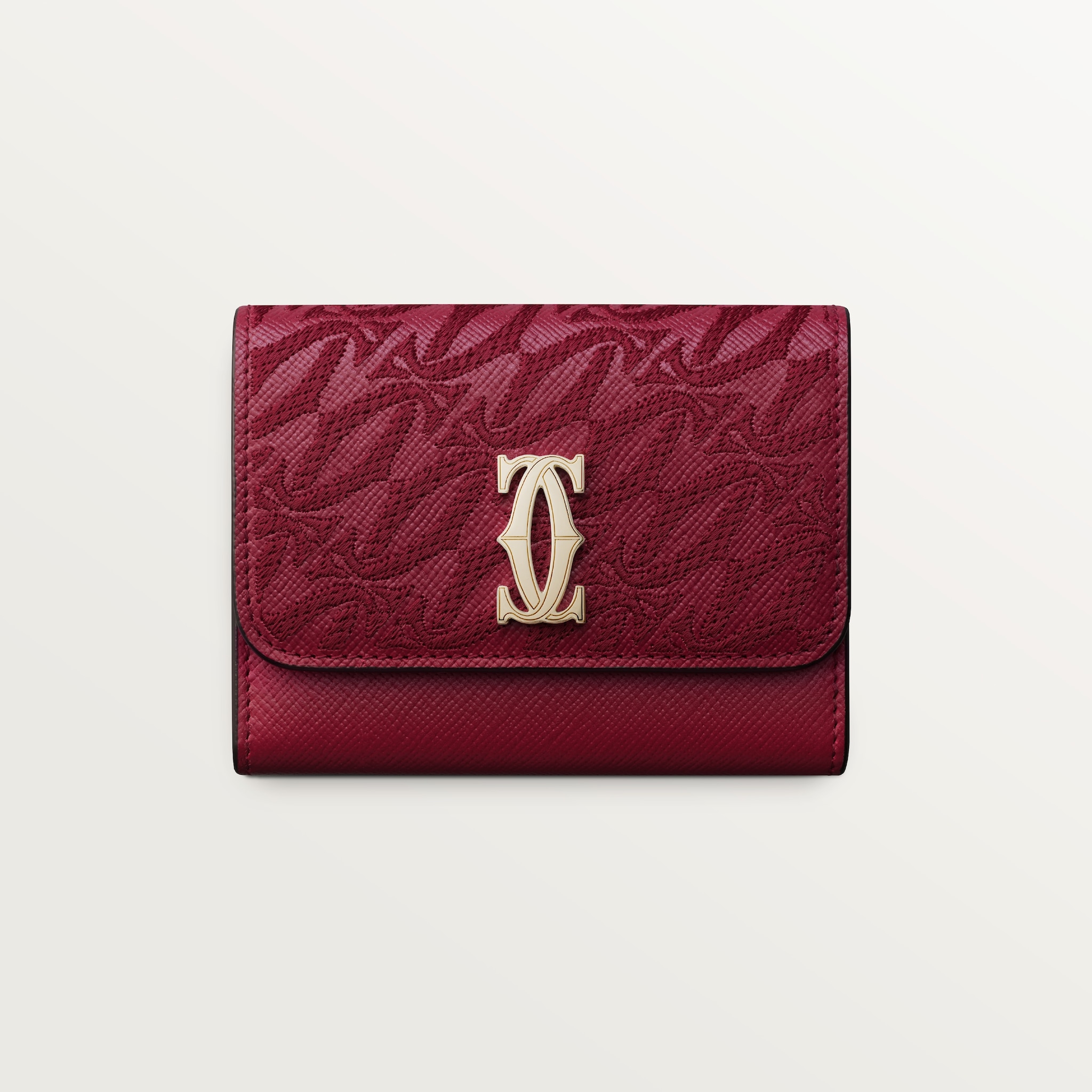 Mini wallet, C de CartierCherry red textured calfskin, embroidery, golden finish