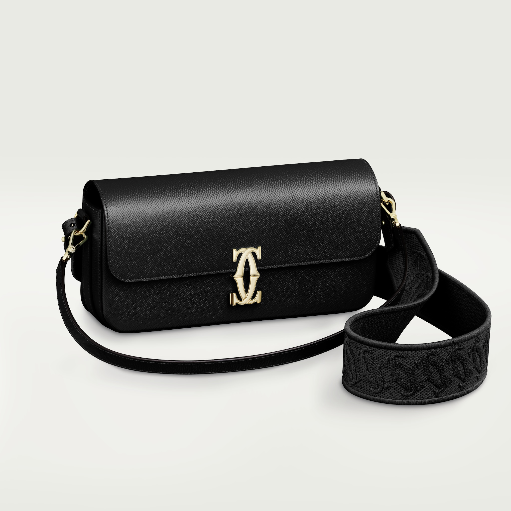 C de Cartier east-west bagBlack textured calfskin, embroidery, golden finish