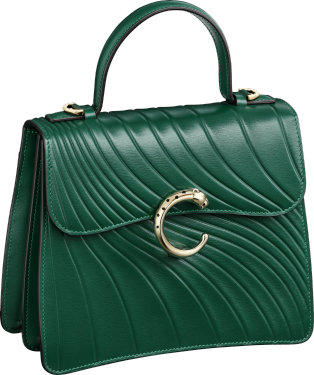 Handle bag small model, Panthère de Cartier Emerald green calfskin, embossed Cartier signature motif, golden finish
