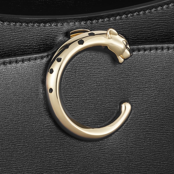 Top handle bag small model, Panthère de Cartier Black calfskin, golden finish