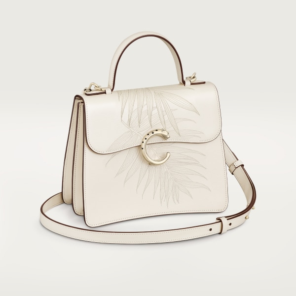 Small model handle bag, Panthère C de Cartier Salt white grained calfskin with jungle embroidery, golden finish