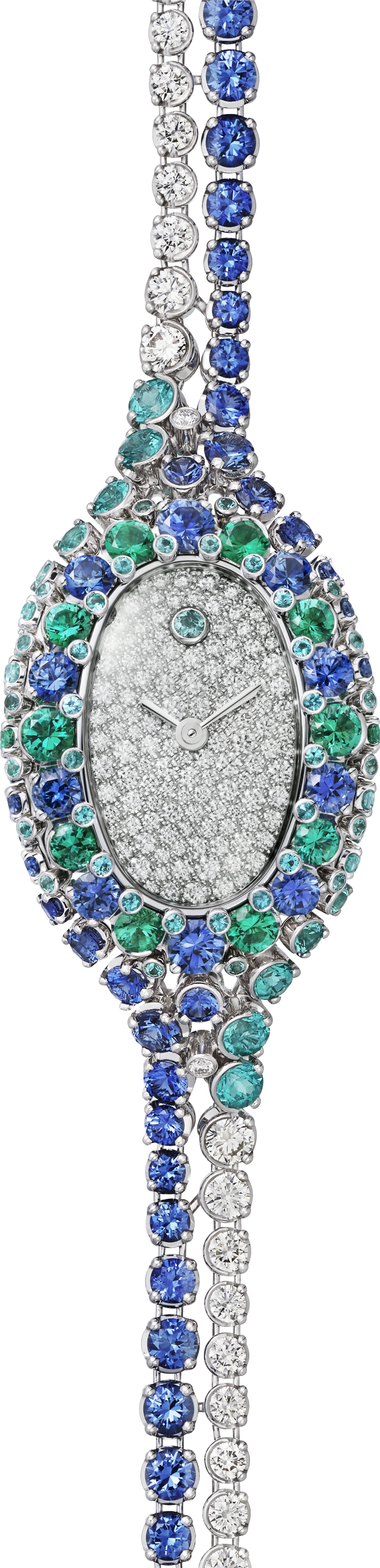 Baignoire jewellery watchMini model, quartz movement, white gold, diamonds, sapphires, emeralds, blue tourmalines.