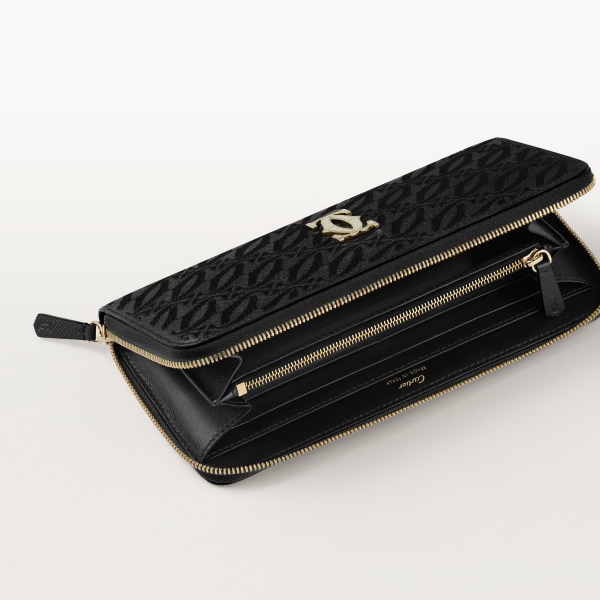 International zipped wallet, C de Cartier Black textured calfskin, embroidery, golden finish