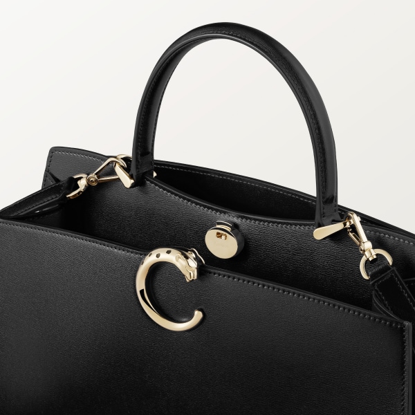 Top handle bag small model, Panthère de Cartier Black calfskin, golden finish