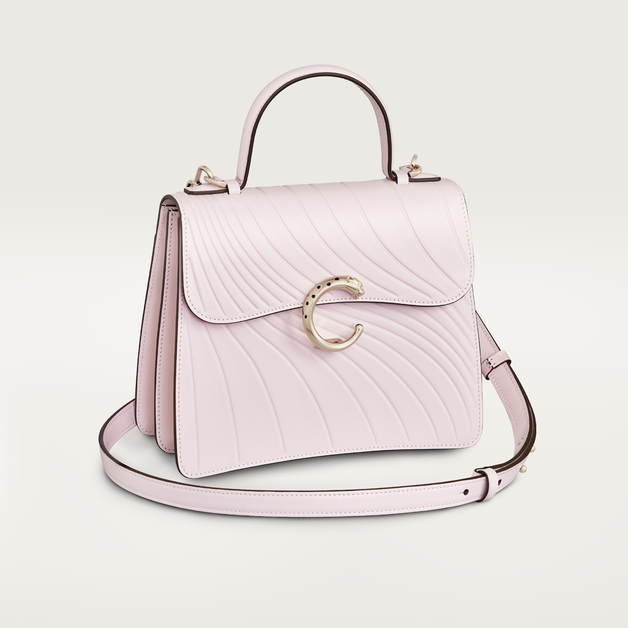 Top handle bag small model, Panthère de CartierPetal pink calfskin, embossed Cartier signature motif, golden finish