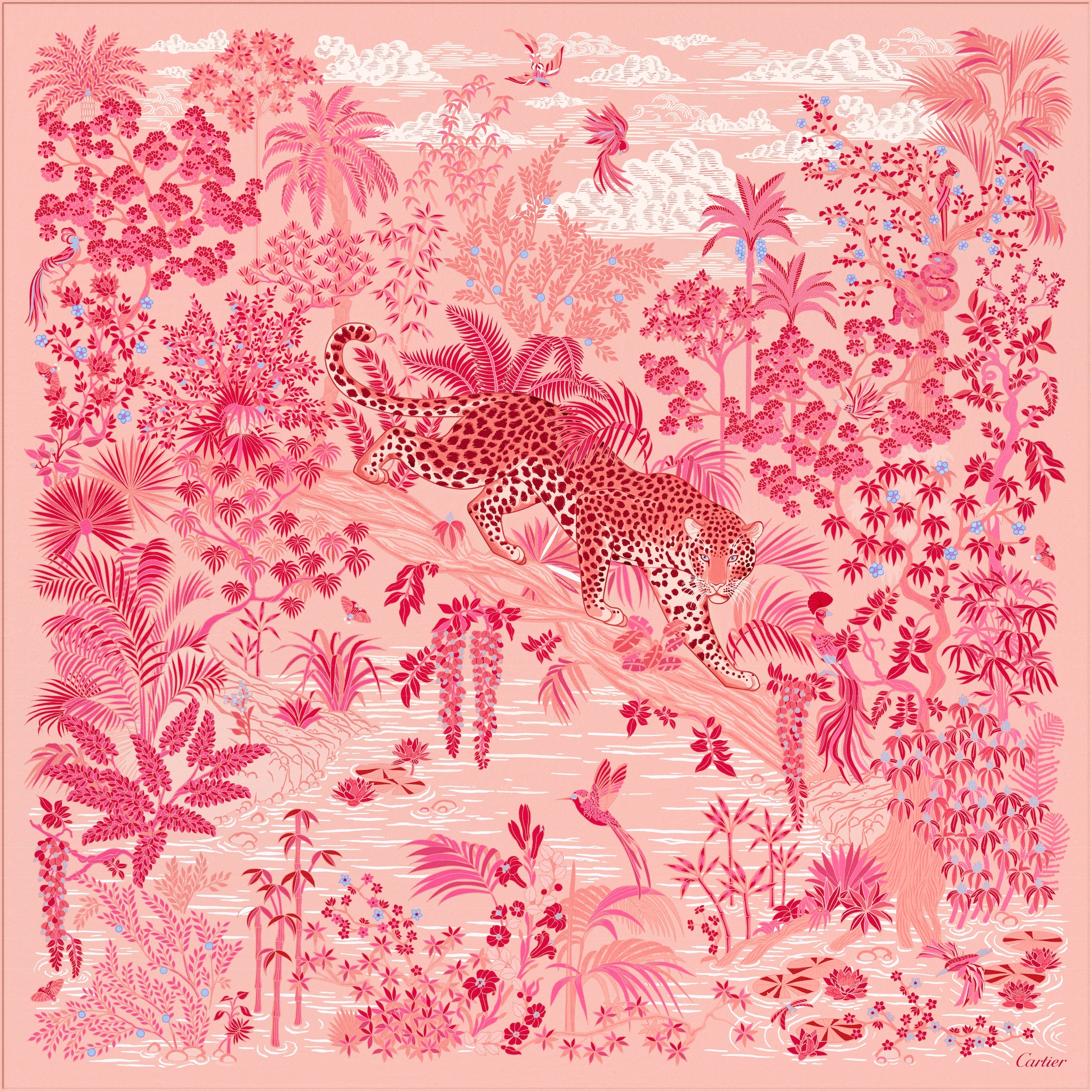 Panthère Faune and Flora 90 scarfPink silk twill