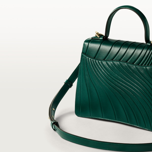 Handle bag mini model, Panthère de Cartier Emerald green calfskin, embossed Cartier signature motif, golden finish
