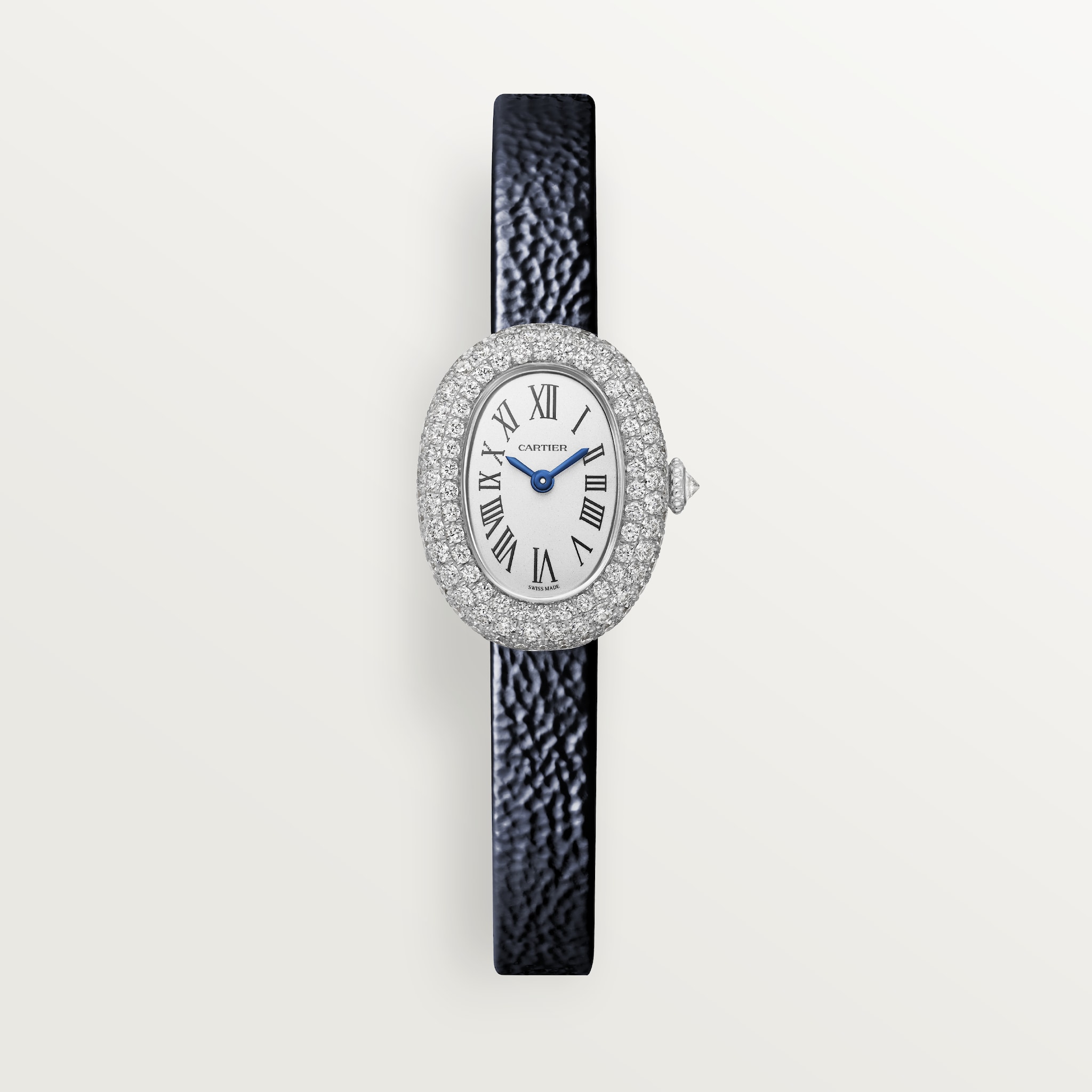 Baignoire watchMini model, quartz movement, white gold, diamonds, leather