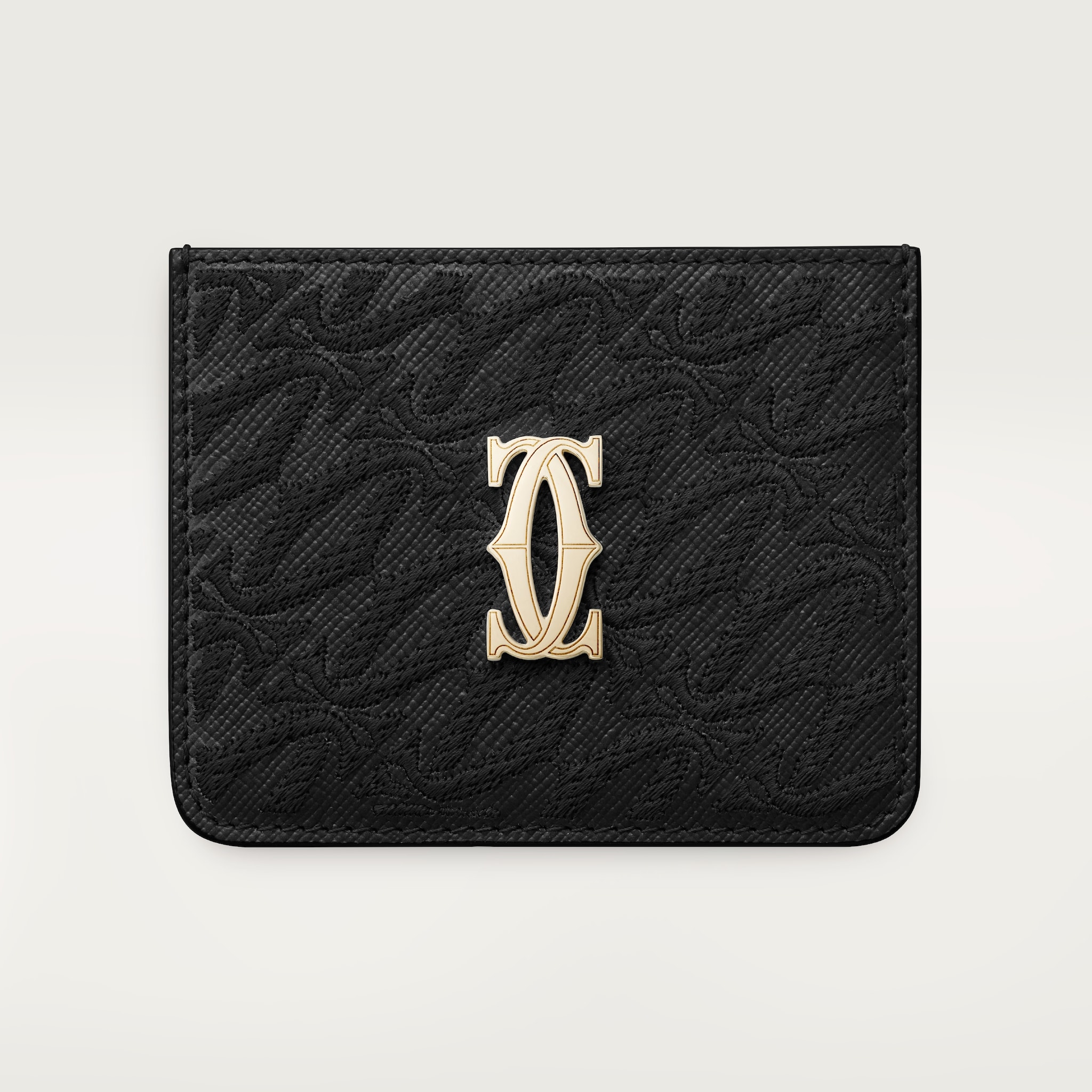Simple Card Holder, C de CartierBlack textured calfskin, embroidery, golden finish