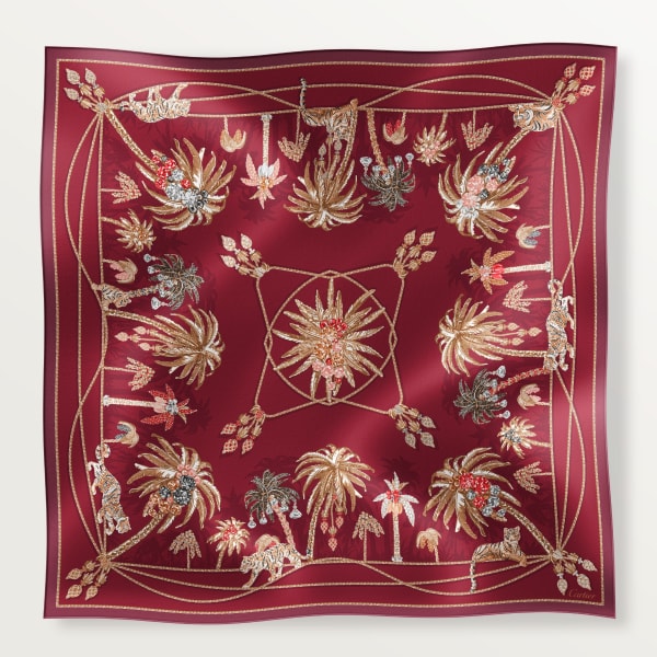  90 scarf, Jewellery Palm Trees Raspberry-coloured silk twill