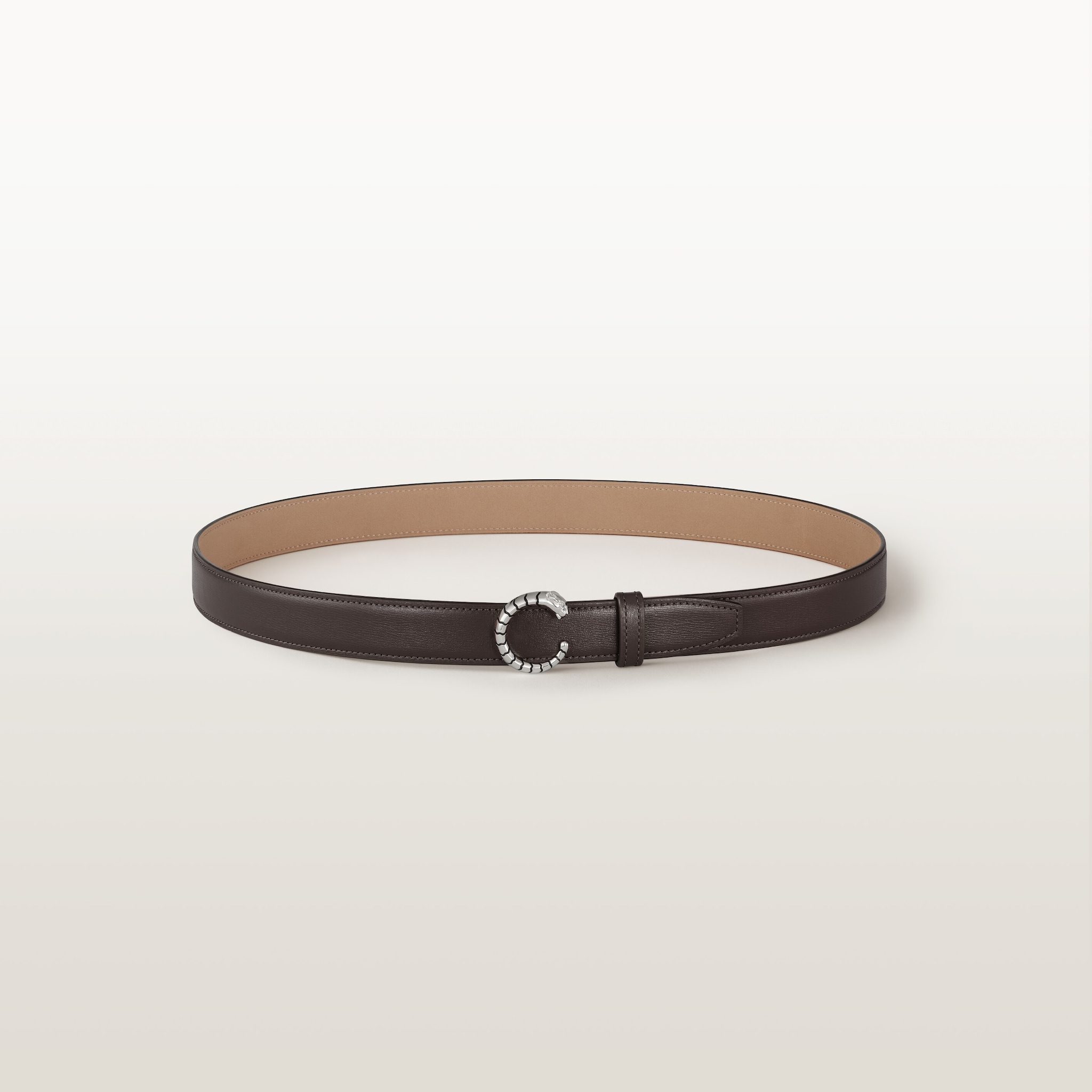 Belt 25 mm, Panthère de Cartier, Size 85 cmTonka brown calfskin, palladium-finish buckle, zebra motif