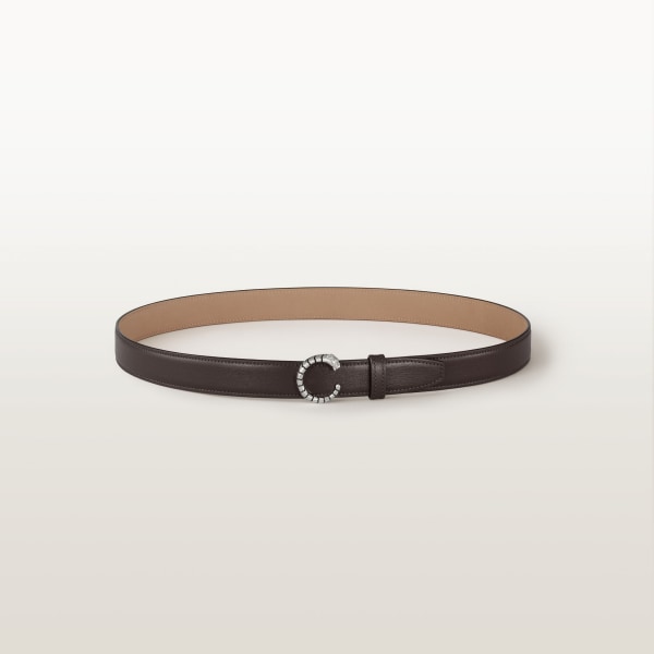 Belt 25 mm, Panthère de Cartier, Size 75 cm Tonka brown calfskin, palladium-finish buckle, zebra motif