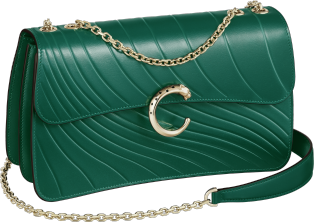 Chain bag small model, Panthère de Cartier  Emerald green calfskin, embossed Cartier signature motif, golden finish
