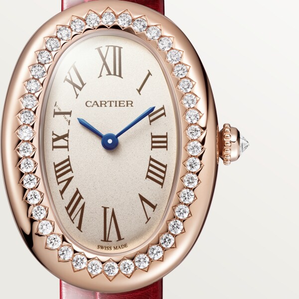 Baignoire watch Small model, quartz movement, rose gold, diamonds, leather
