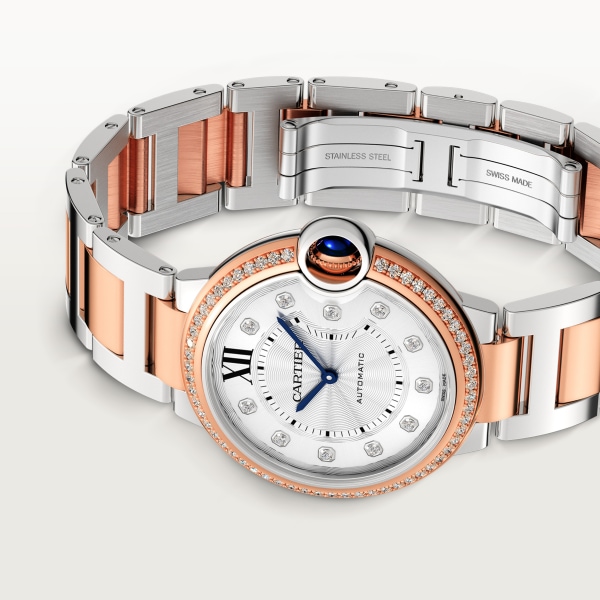 Ballon Bleu de Cartier watch 36 mm, mechanical movement with automatic winding, rose gold, steel, diamonds