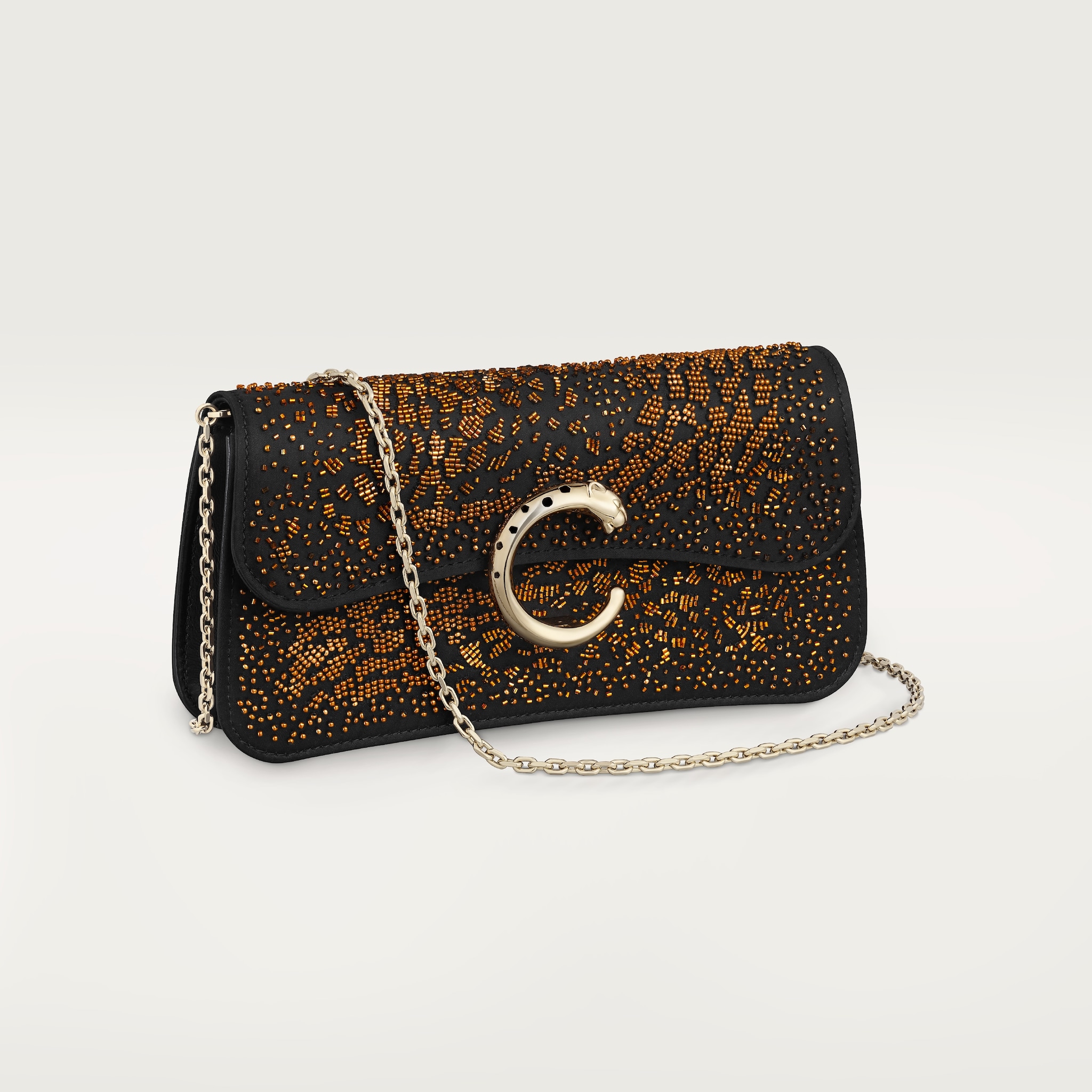 Mini model chain bag, Panthère C de CartierBlack satin and multicoloured bronze bead embroidery
