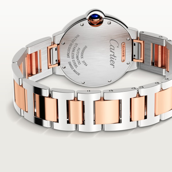 Ballon Bleu de Cartier watch 36 mm, mechanical movement with automatic winding, rose gold, steel, diamonds