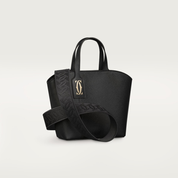 Mini tote bag, C de Cartier Black textured calfskin, embroidery, golden finish