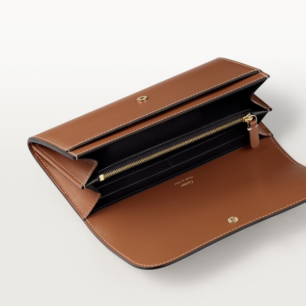International wallet with flap, Panthère de Cartier Caramel calfskin, golden finish