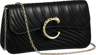 Chain bag mini, Panthère de Cartier Black calfskin, embossed Cartier signature motif, golden finish