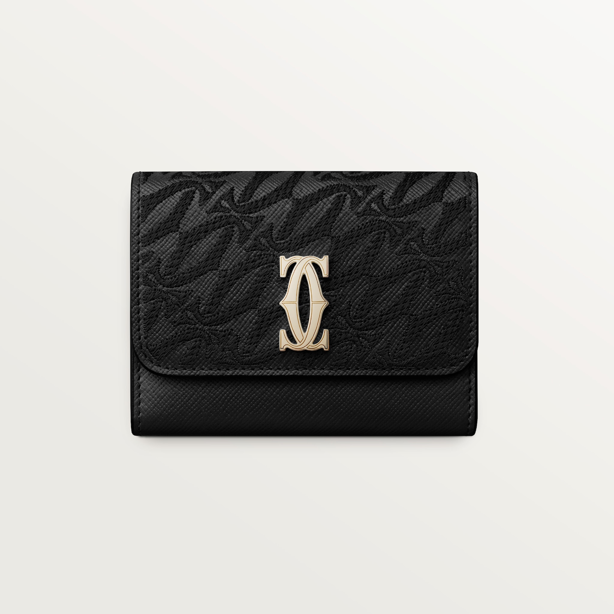 Mini wallet, C de CartierBlack textured calfskin, embroidery, golden finish