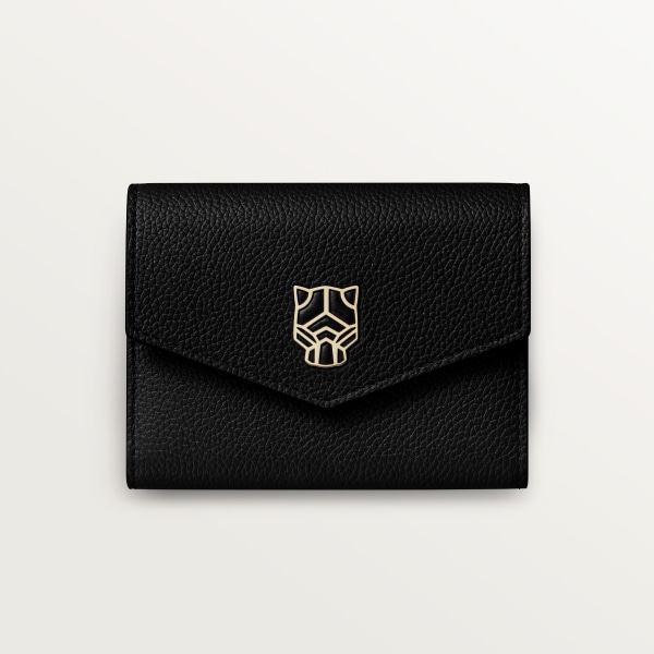 Mini wallet, Panthère de Cartier Black calfskin, golden finish