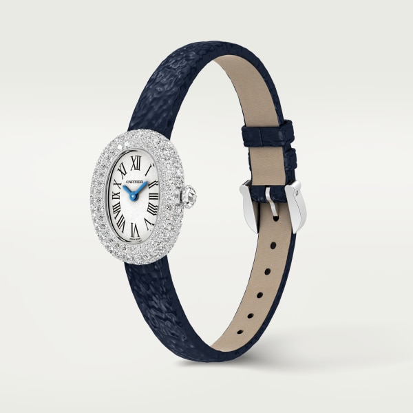Baignoire watch Mini model, quartz movement, white gold, diamonds, leather